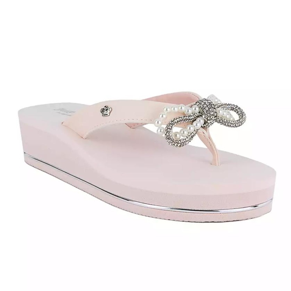 Juicy Couture Crepe Rhinestone Bow Wedge Thong Sandals Blush Pink Size 9 NEW